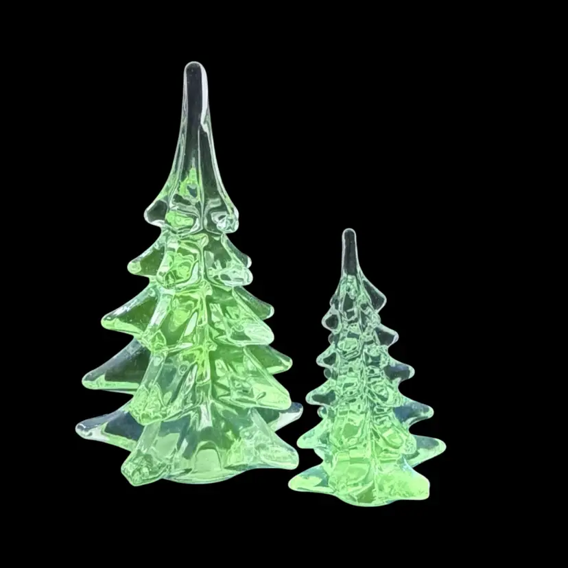 Two Clear Glass Evergreen Christmas Trees Shelf Art•Glows 
3.5” & 5.5” T