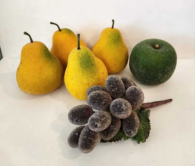 Beaded Sugared Fruit Pears Apple Grapes Cottage Decor MCM Table Lot of 6