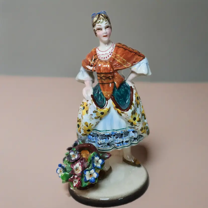 Nove Italy Hand Painted Porcelain Lady Figurine Basket Flowers Vintage Decor