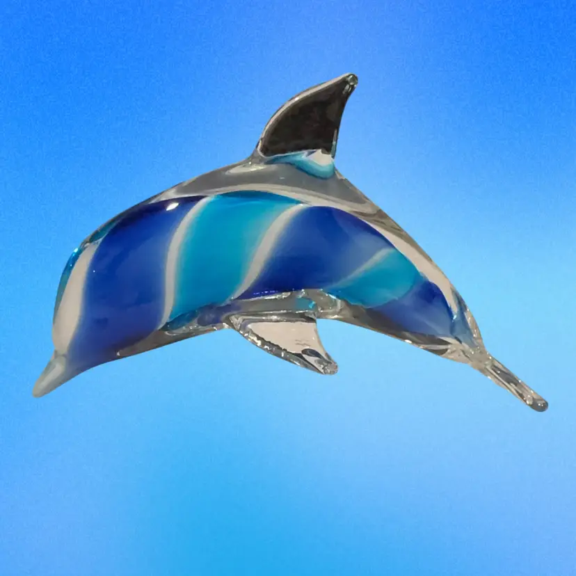 Art Glass Blue & White Striped Dolphin