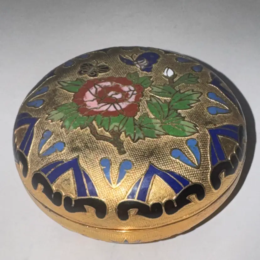 Cloisonné Enamel Trinket Box Butterfly Floral Lift-Off Lid Blue Inside 3.25”
