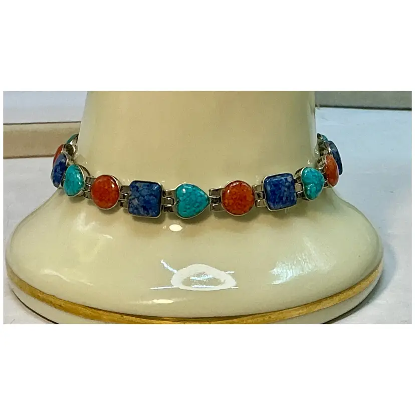 CAROLYN POLLACK Southwest Sterling Silver & Multi-Stone Heart Link Bracelet 7.5"