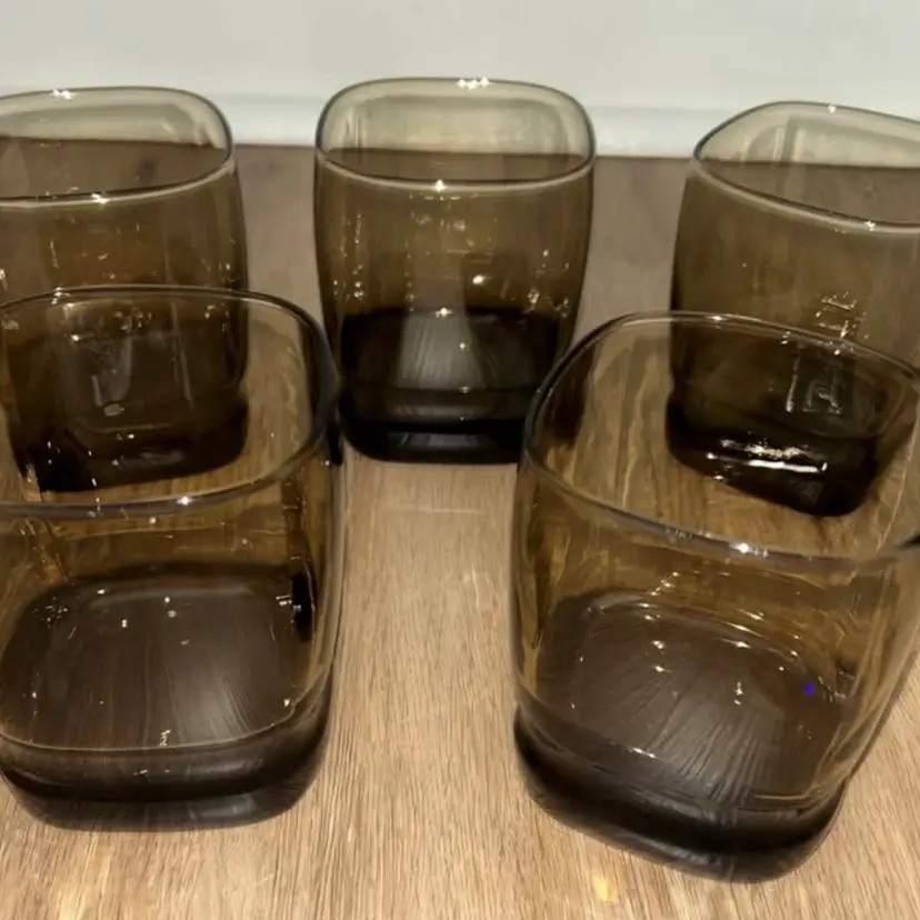 Vintage set of 5 Libbey square bottom smoky brown glasses Low Ball