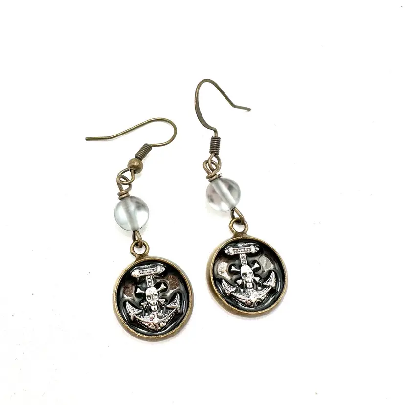 Anchor Skull Earrings Made By Me Resin Mixed Metals Glass Beads 2”L X .5”W