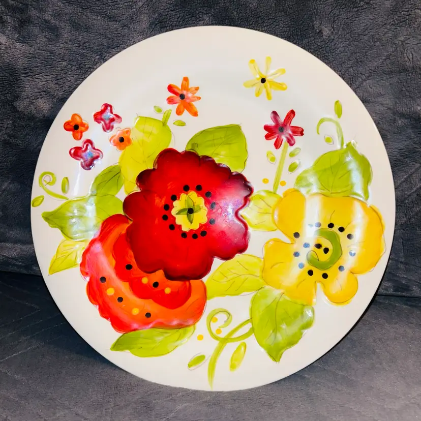 Pier 1 Grace Hand Painted Ceramic Plate With Yellow, Red & Orange Flowers