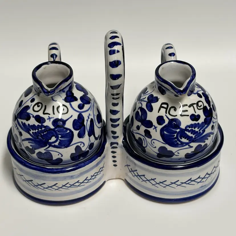 Sberna -Deruta, Italy- Pottery - Arabesco Blue- Oil & VinegarCruet Set With Caddy 6” W, 5” H