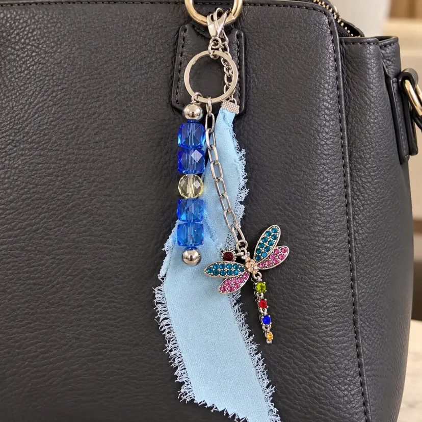 Dragonfly Bag Charm, Blue Crystal Purse Charm, Fabric Tassel Keychain, Colorful Rhinestone Handbag Accessory