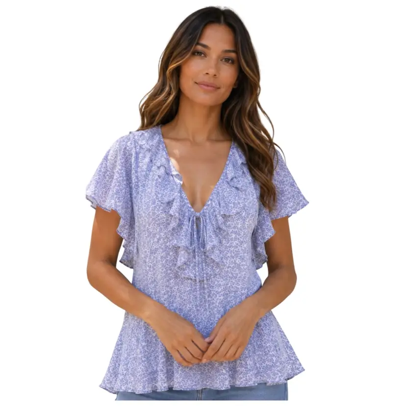 CeCe Floral Print Ruffle V-Neck Blouse
