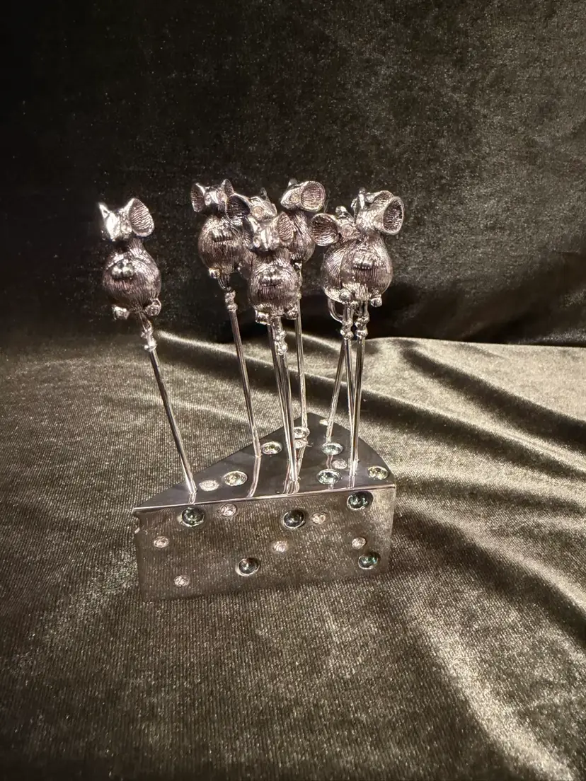 Vintage Godinger Silver Plated Mice Cheese Picks & Holder Set with Crystals – In Box Complete 8 Pcs