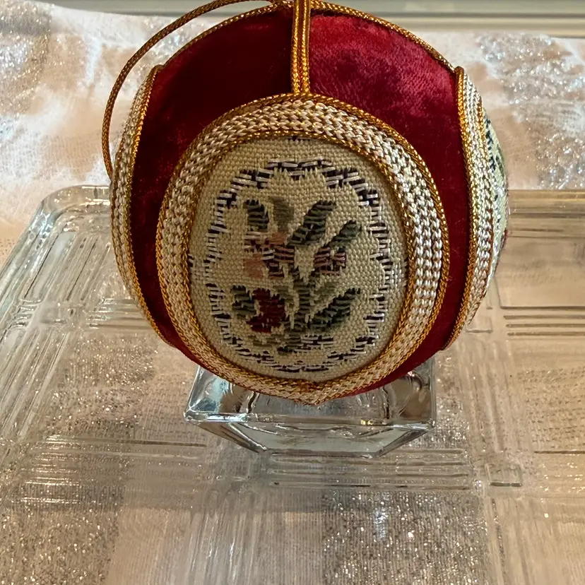 Vintage Embroidered Needlepoint Tapestry Christmas Ball Ornament Burgundy Gold 3”