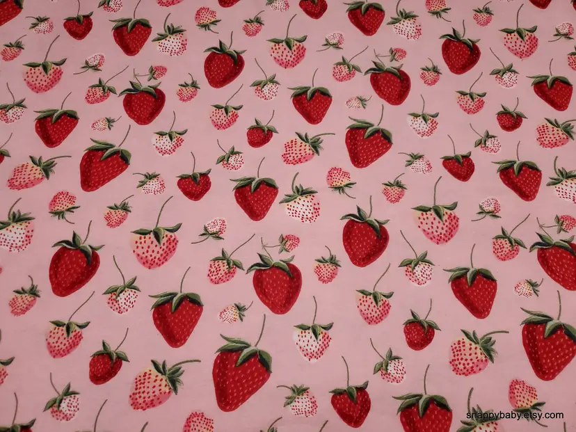Tossed Strawberries Pink Flannel Fabric Remnant - 100% Cotton - Choose Size - Soft Craft & Quilting Fabric