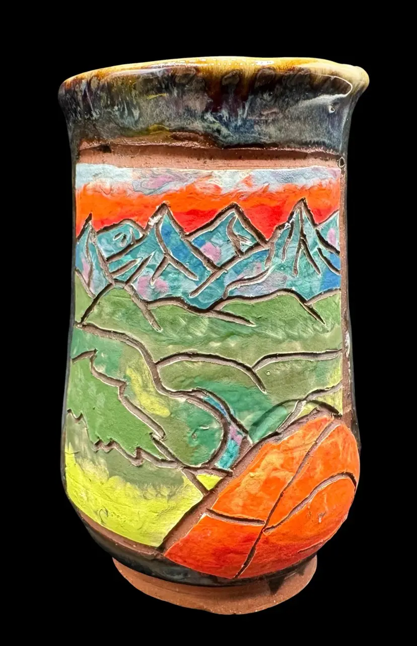 Signed Studio Art Pottery Handleless Mug Cup Camping Tent Mountains Colorful 5”