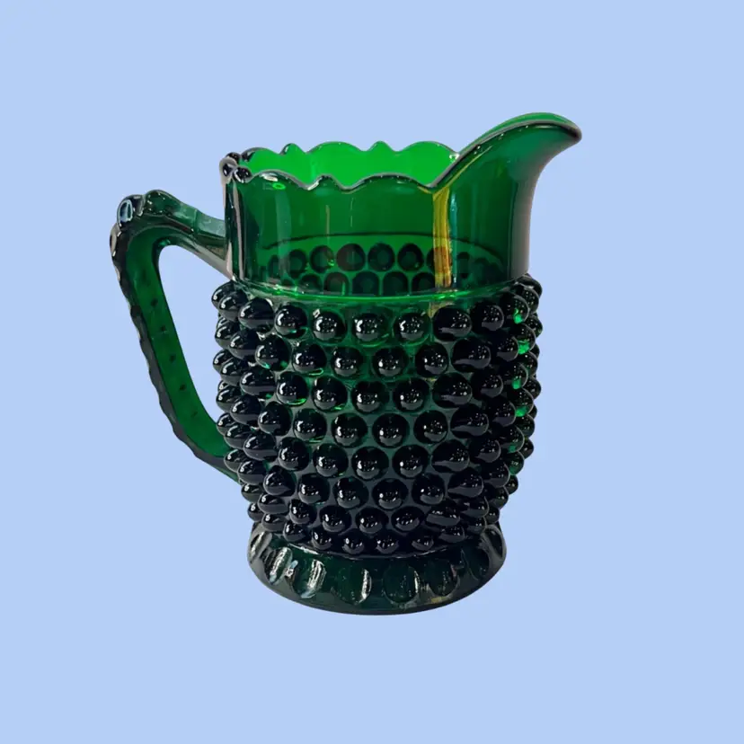 #168- Creamer Pitcher Hobnail Glass Emerald Forest Green Jug EAPG