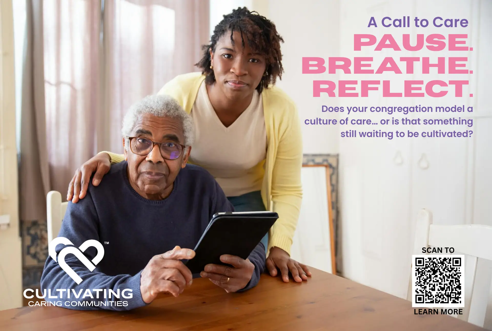 Cultivating Caring Communities marketing hero with QR code