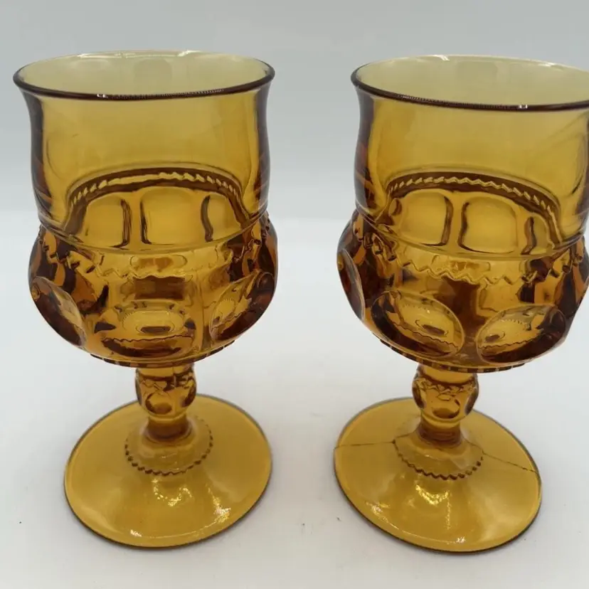 Set Of 2 Indiana Glass Amber King Crown Thumbprint 5.75" Wine Or Water Goblets