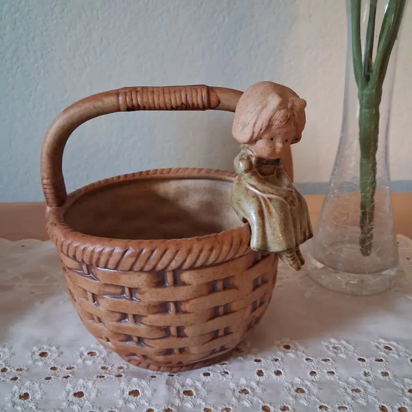 Vintage Pottery Ceramic Basket Planter with Little Girl, Made in Japan by UCTCI