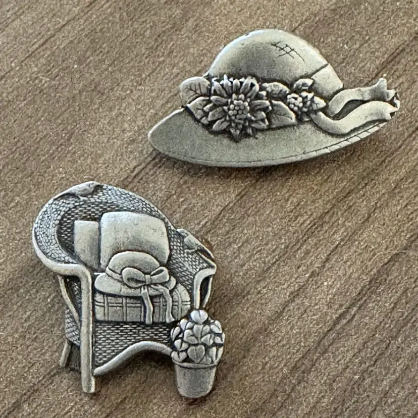 Birds & Blooms 2005 Garden Hat & 2008 Wicker Porch Chair Brooches