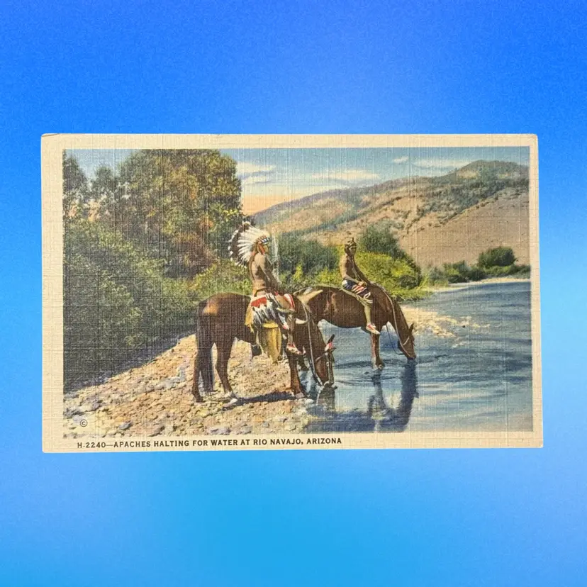 KK — Vintage Apaches Halting for Water Rio Navajo Arizona (H-2240) Fred Harvey Postcard, Posted 1945