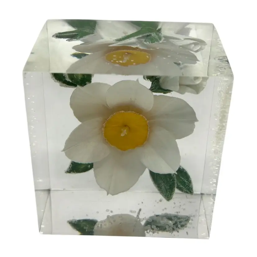 Acrylic White Flower With Yellow Center And Green Leaves Bubbles Inside Partial Unidentified Sticker 2 1/2x3x2