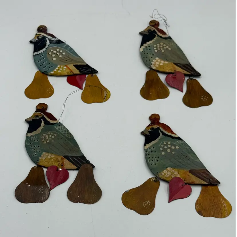 House of Hatten 1989 Metal Partridge In Pear Tree 12 Days of Christmas Ornaments Set of Four