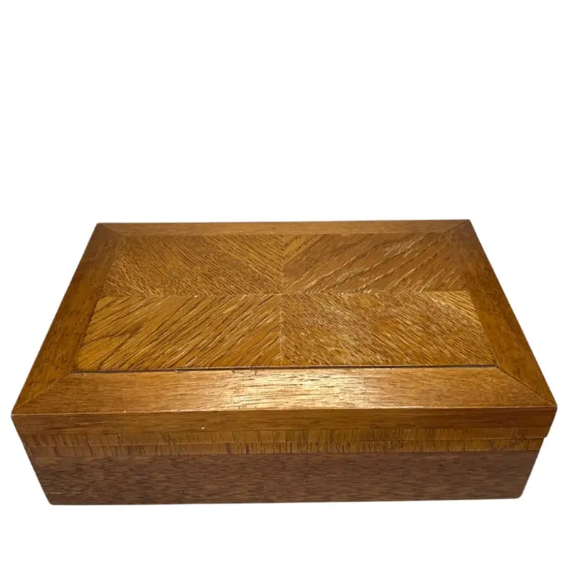 Appears To Have Vintage Japanese Artisan Wood Stamp On Bottom Of Marquetry Walnut Jewelry Box With Hinged Lid 3x10 1/2x7 Minor Wear On Top Gold Toned Hangers And Rust Color Interior With Pull Out Tray