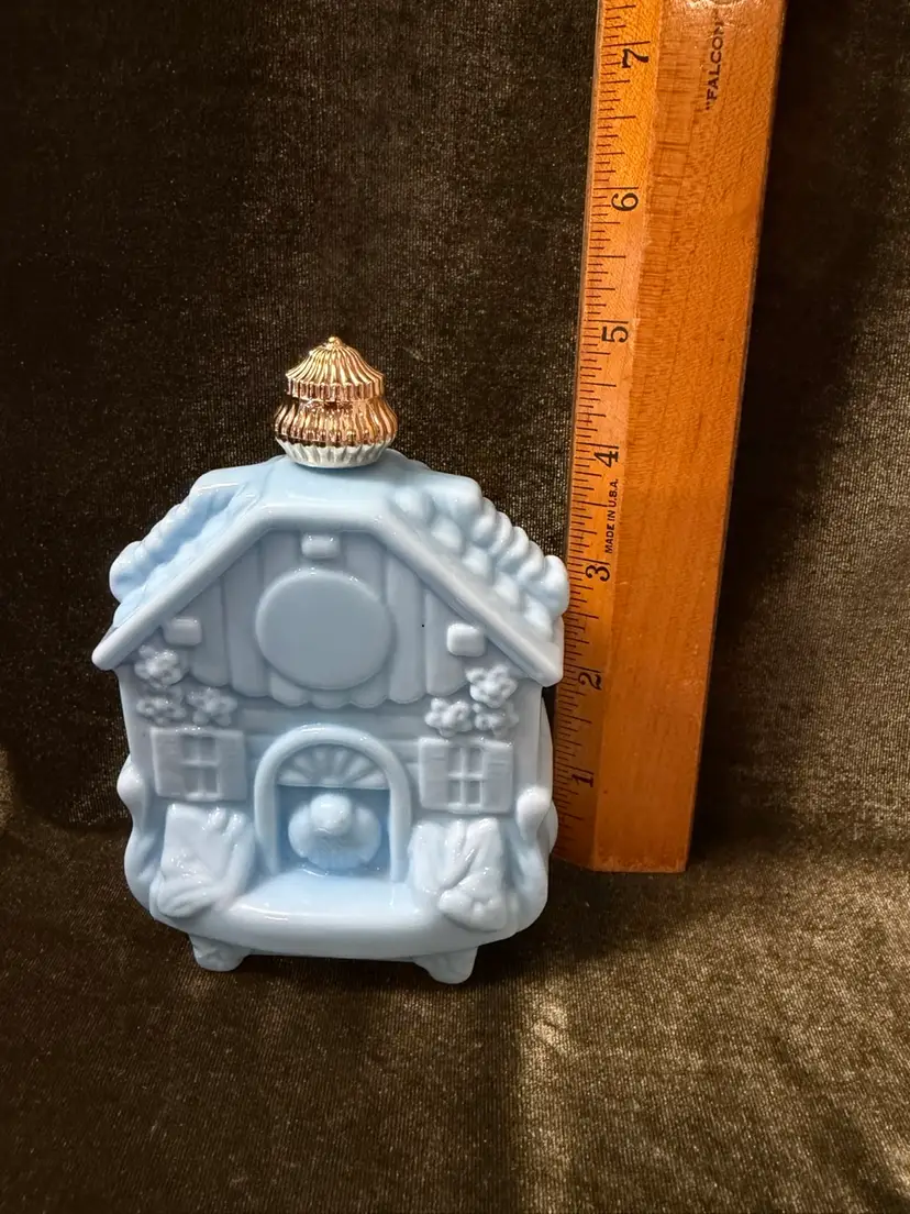 Vintage 1972 Avon Enchanted Hours Blue Cuckoo Clock perfume bottle made of pressed pastel blue milk glass