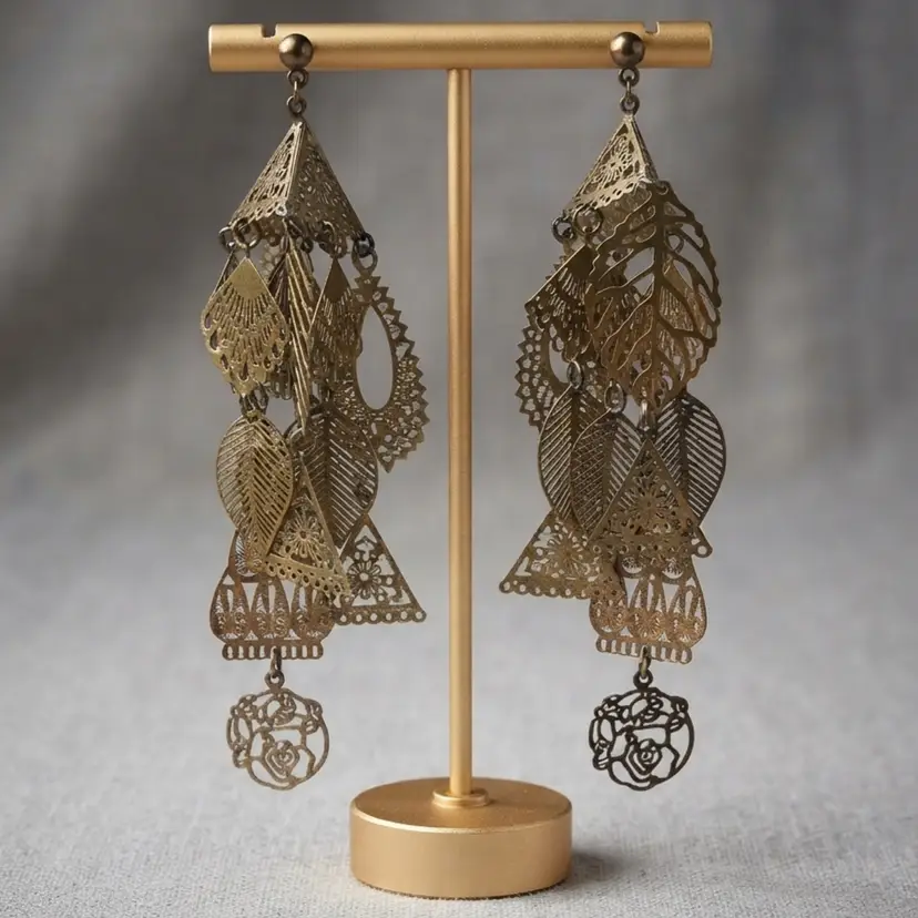 147. Vintage Filigree Brass Leaf & Geometric Chandelier Statement Earrings