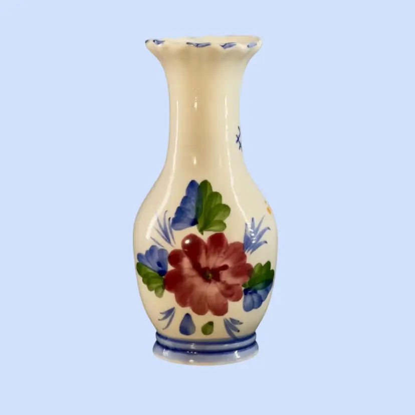 #046- 6” Pottery Bud Vase Hand Painted Red Flower Blue Trim