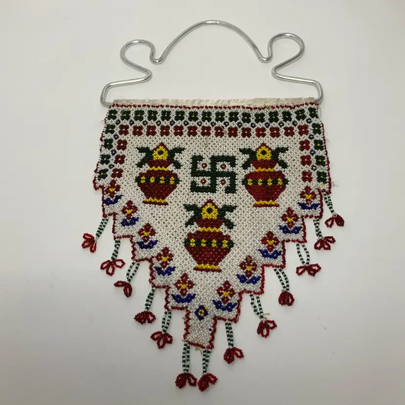 Vintage Handmade Beaded Kutchi Banjara Indian Tribal Wall Hanging! 13” x 8”! Pouch On Backside!