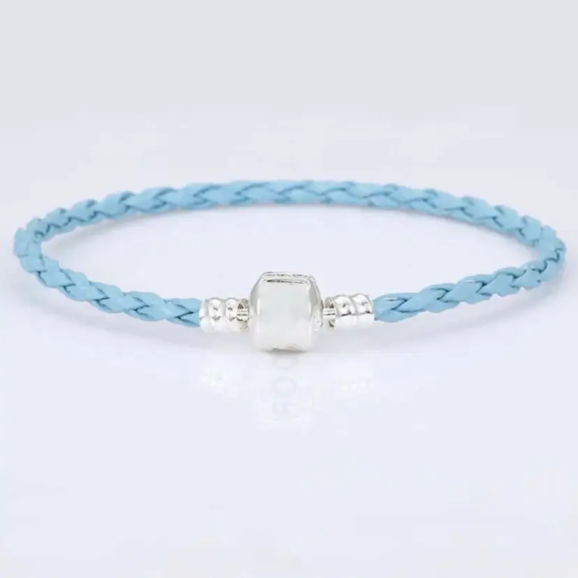 Blue Braided PU Leather Silver Plated European Charm Bracelet 7.5 inches