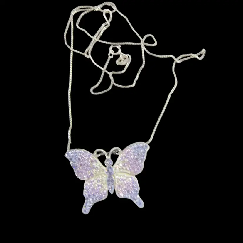Silver 925 RL Rhinestone Butterfly Necklace  on 22” Chain