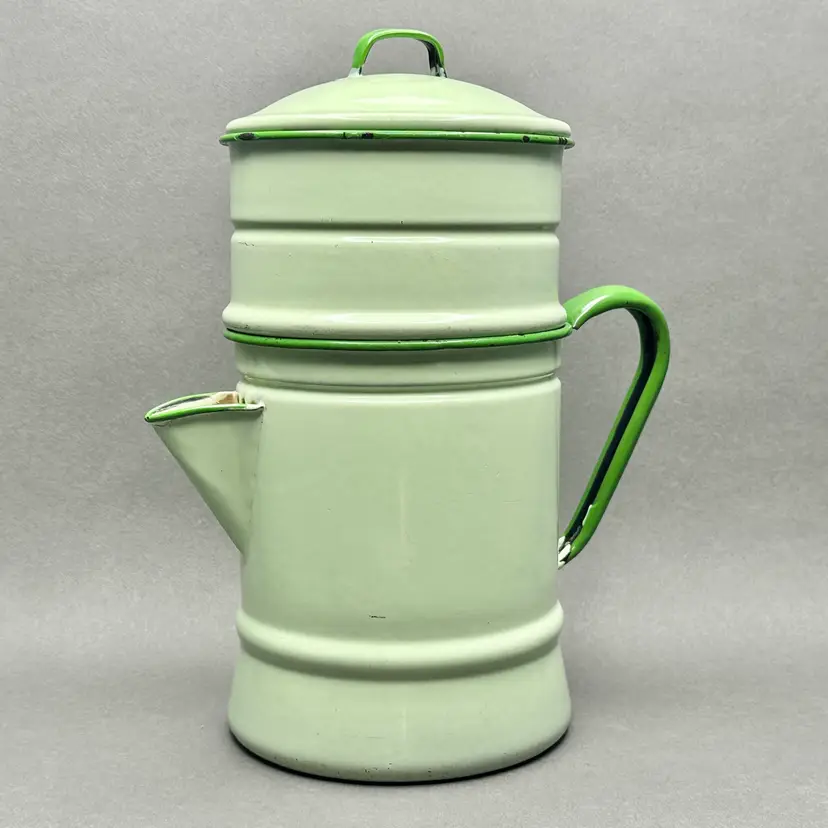 Vintage French Pale Green Enamelware Coffee Pot with Filter Insert and Lid