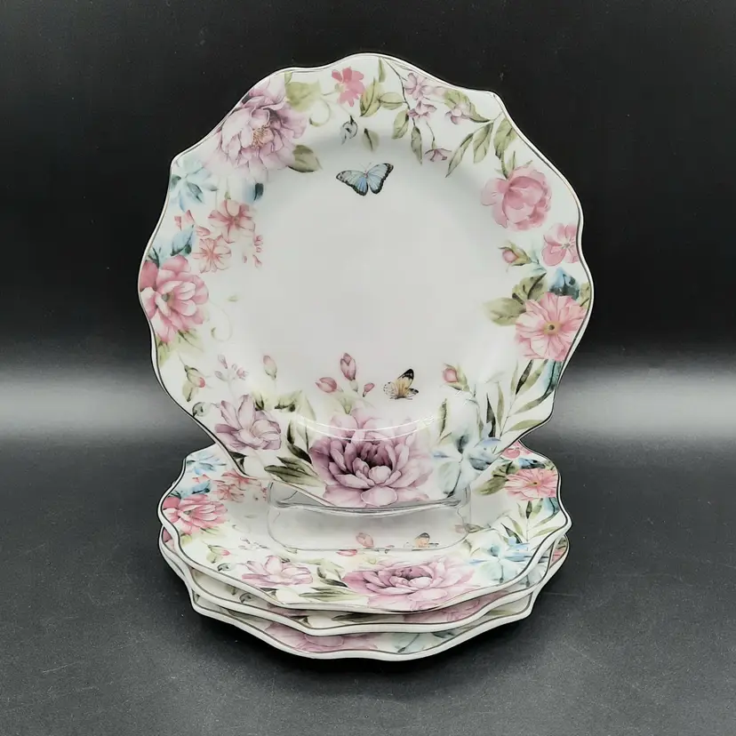 Grace Teaware Floral Butterfly Appetizer Plates Gold Scalloped Rim Set of 4