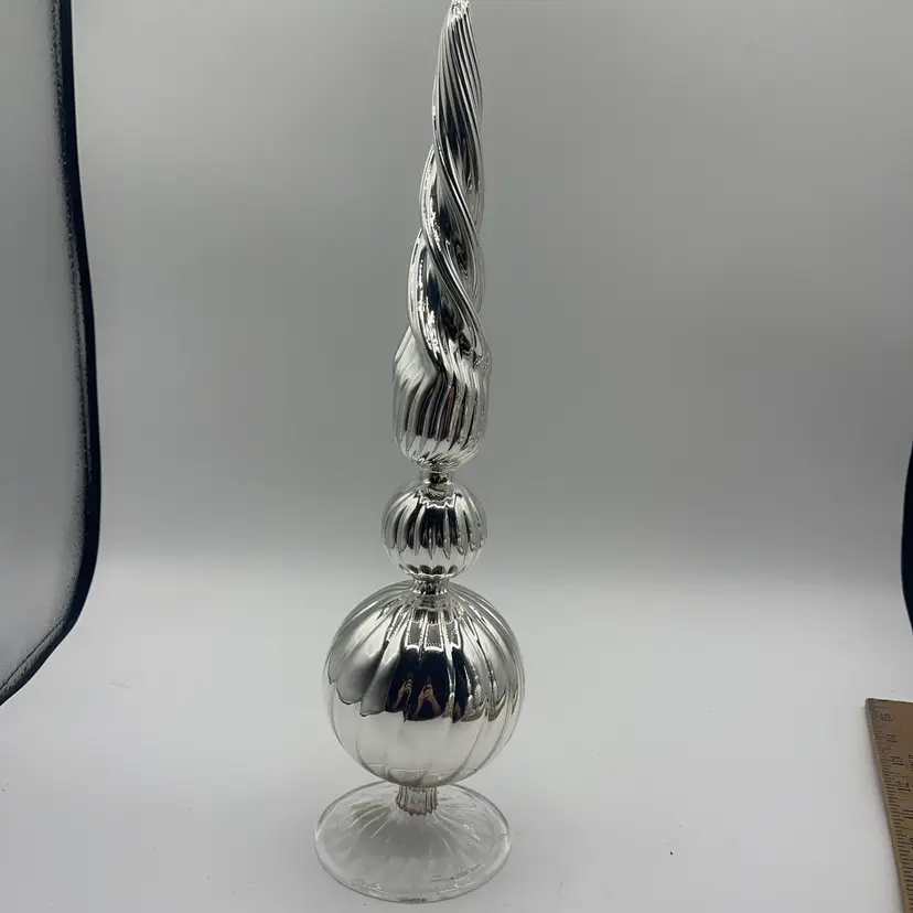 Christmas Silver Glass Table/Shelf  Decoration 14” Tall With 3-1/2" Dia. Base