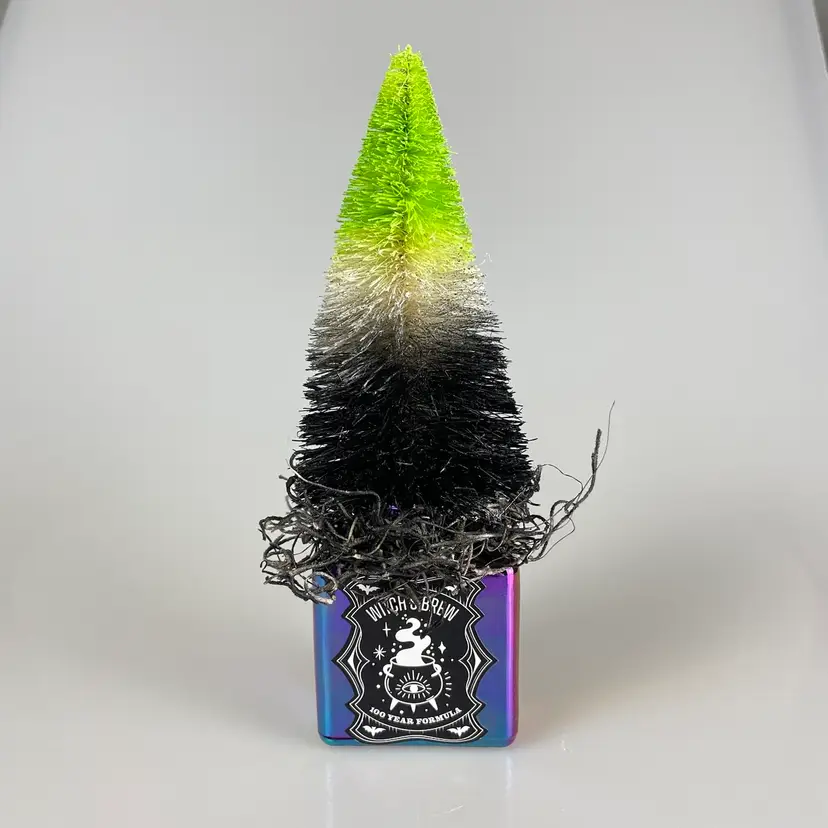 Green & Black Halloween Bottle Brush Tree In Iridescent Glass Jar Decor 7.25”
