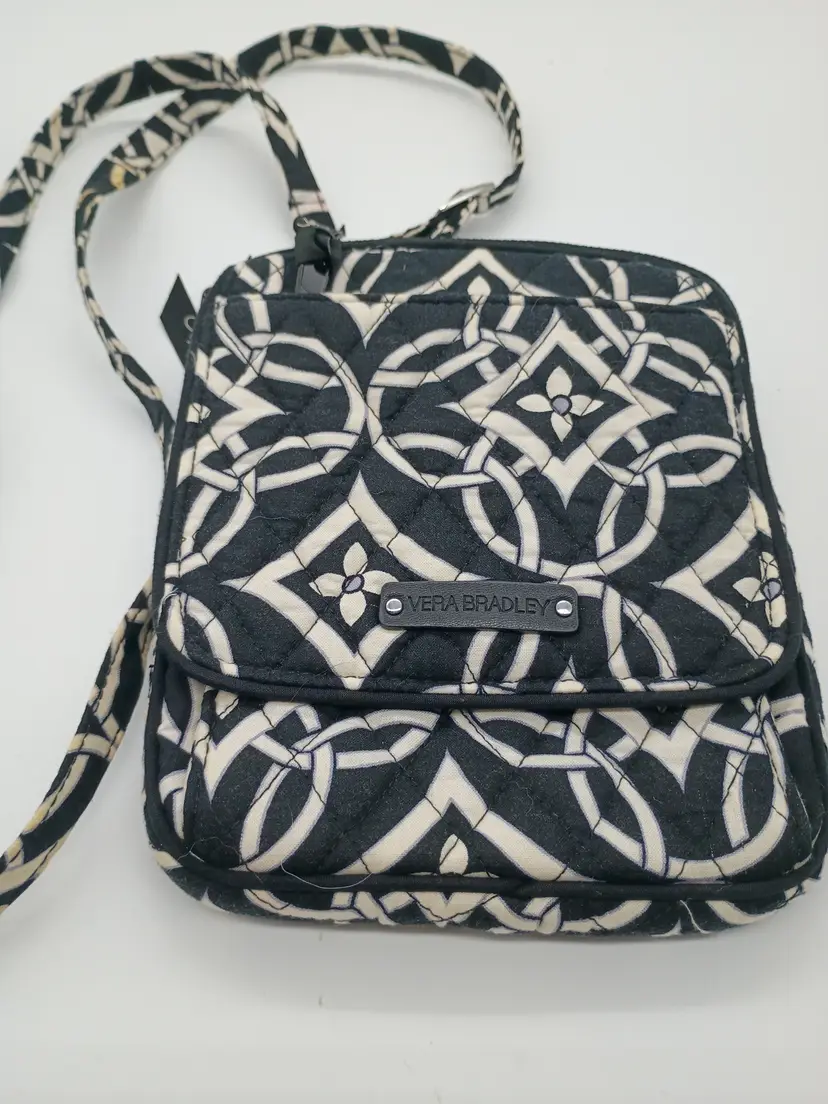 Vera Bradley Triple Zip Concerto Black Cream Geometric  Celtic Knot like Pattern Crossbody Bag