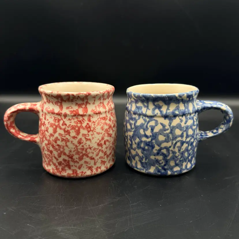 Roseville OH Gerald Henn Blue & Pink Spongeware Coffee Mugs Cups Set 2 Pottery