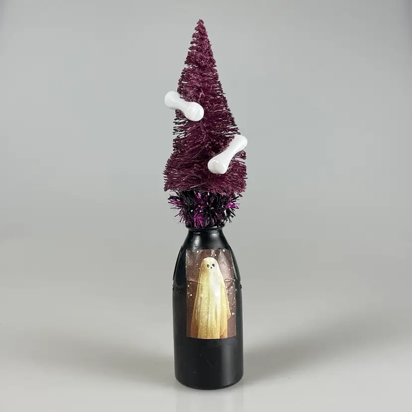 Purple Bones & Ghost Bottle Brush Tree in Glass Jar Halloween Decor 7"