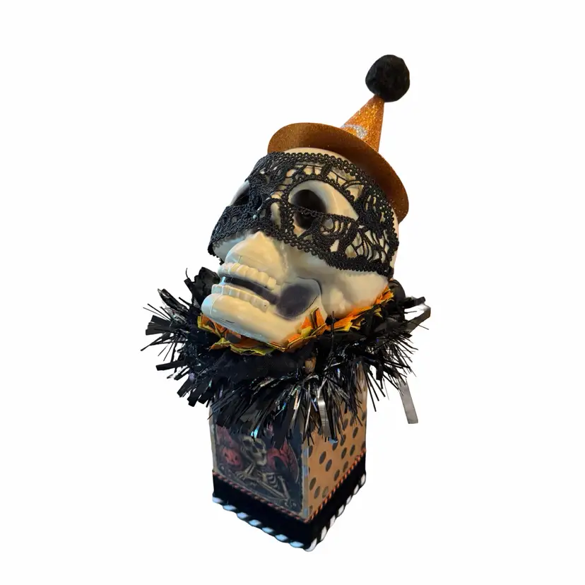 04 Vintage Upcycled Made By Me Skull On A Box Retro Halloween Decor