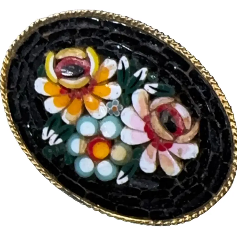 Vintage Micro Mosaic Oval Brooch Pin Floral