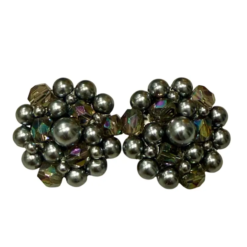 Vintage MCM Faux Tahitian Pearl & Aurora Borealis Crystal Clip Earrings 1.25”