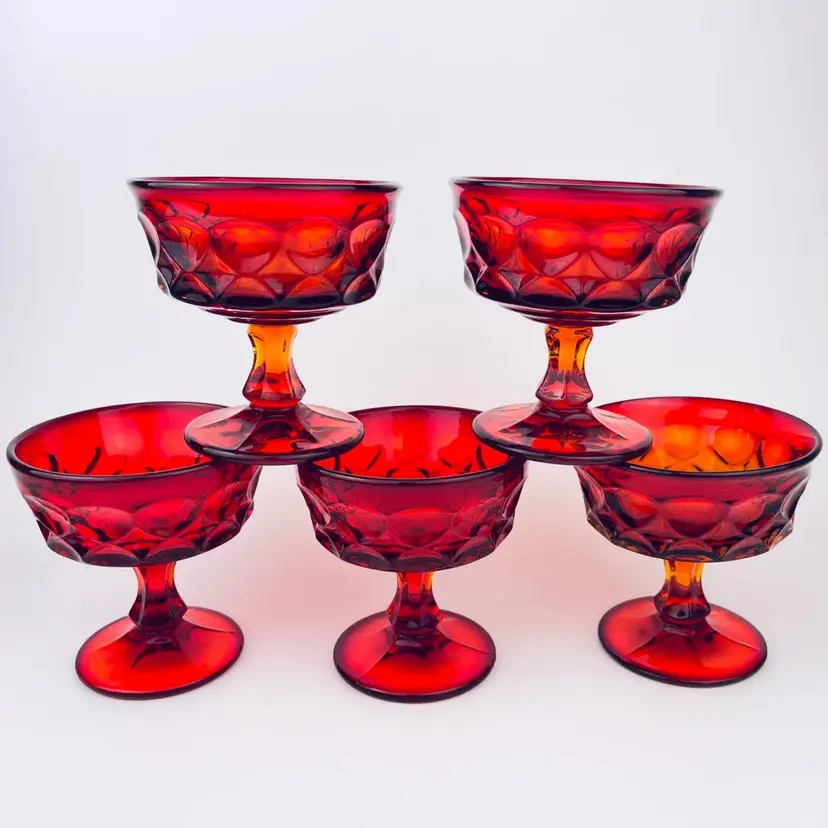 Vintage Ruby Red Heavy Pressed Glass Dessert/Champagne Glassware - Set of Five (5) - 'Perspective' By Noritake - Made In Japan