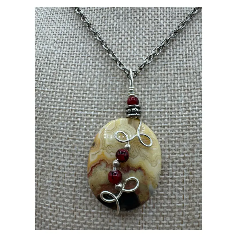 Vintage Handmade Mookaite Jasper Wire Wrapped Pendant Necklace 24”