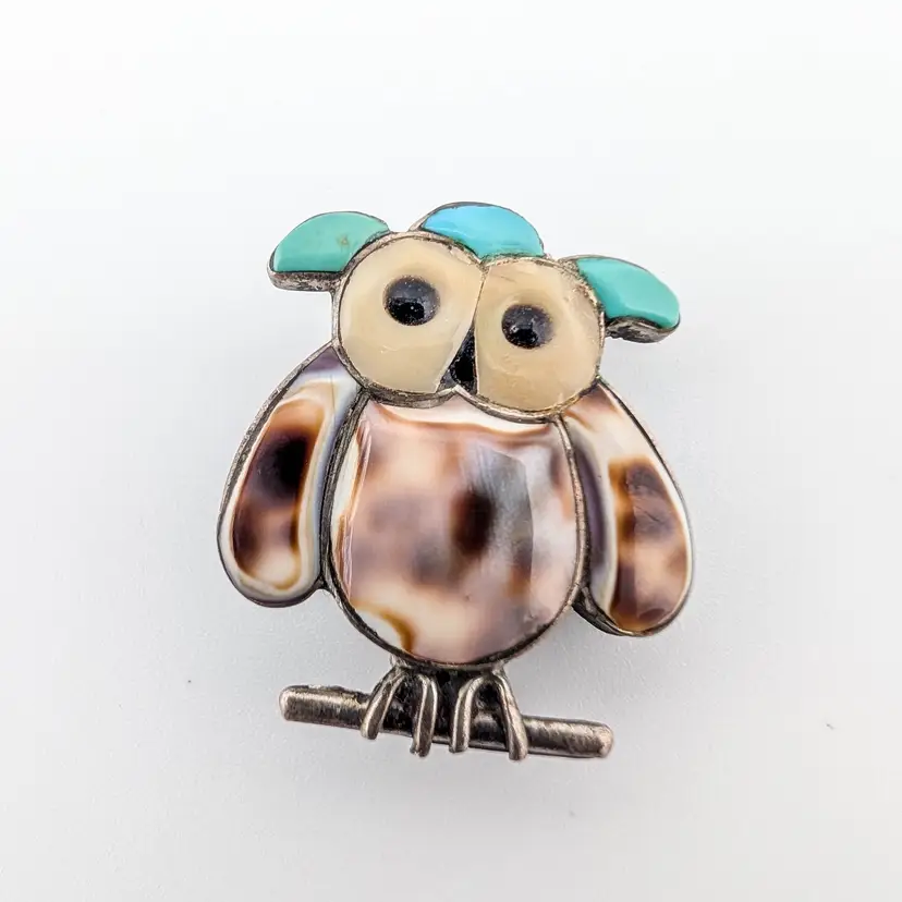 Vintage Sterling Silver Zuni Owl Brooch Pin Inlay Design