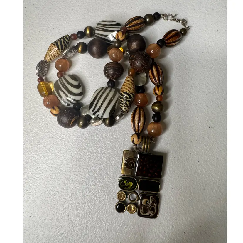 Vintage Premier Designs "Exotic Safari" Mixed Media Statement Necklace – Zebra Print & Geometric Magnetic Enhancer Pendant 32”