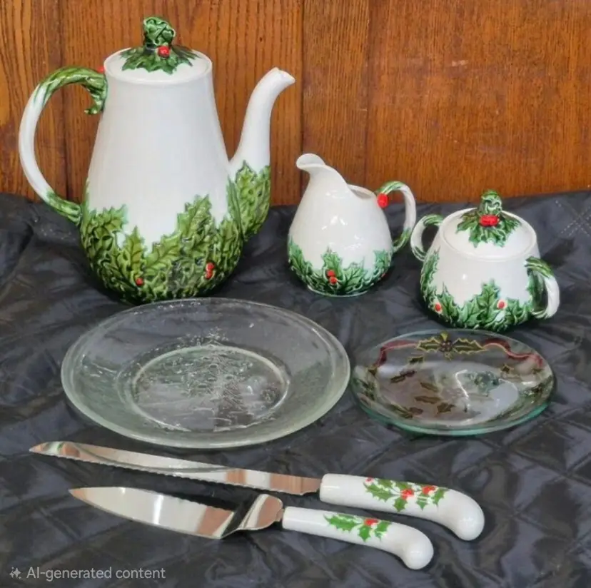 Vintage ESD Japan Christmas Holly Hand Painted 6-Piece Tea/Coffee Set MR23187 with Plates & Cutlery, Chips Present