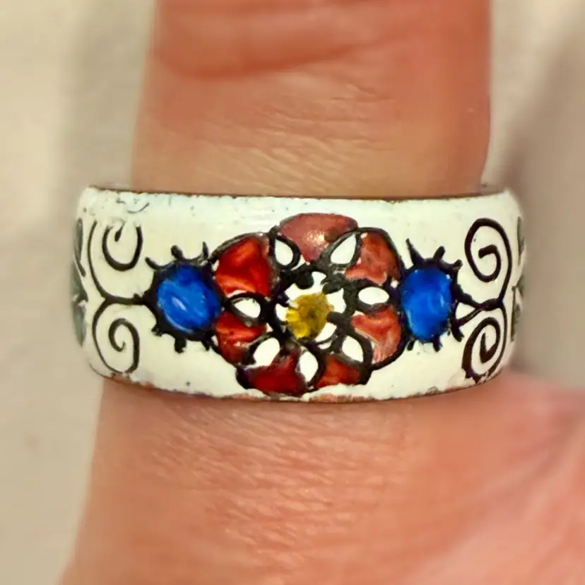 Vintage MCM Hand Painted Copper Enamel Ring Artist Signed