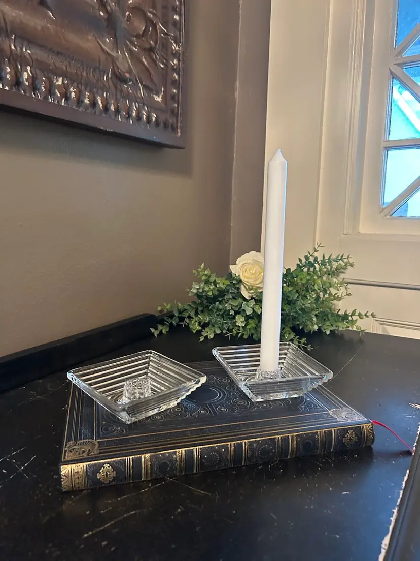 Vintage Anchor Hocking Manhattan Clear Glass Square Taper Candle Holder Art Deco