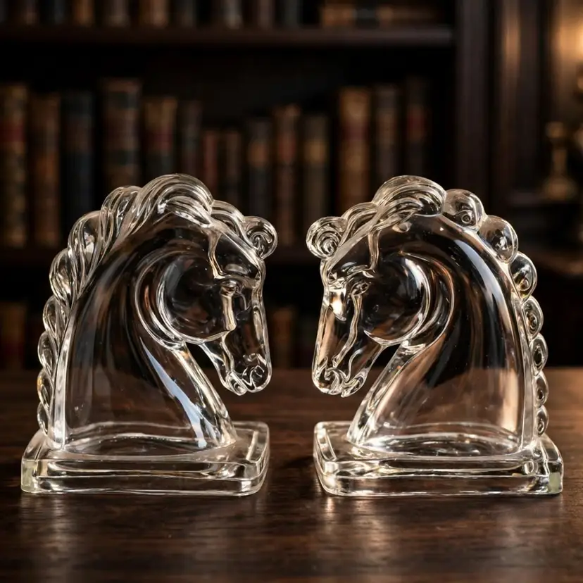 Vtg Federal Glass Clear Horse Head Bookends Art Deco MCM 4.75" Equestrian