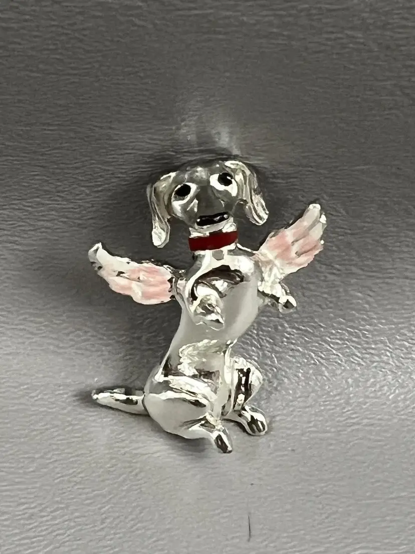 Vintage Dachshund Dog Angel Wings Brooch Pin Silver Tone Pink Enamel Figural